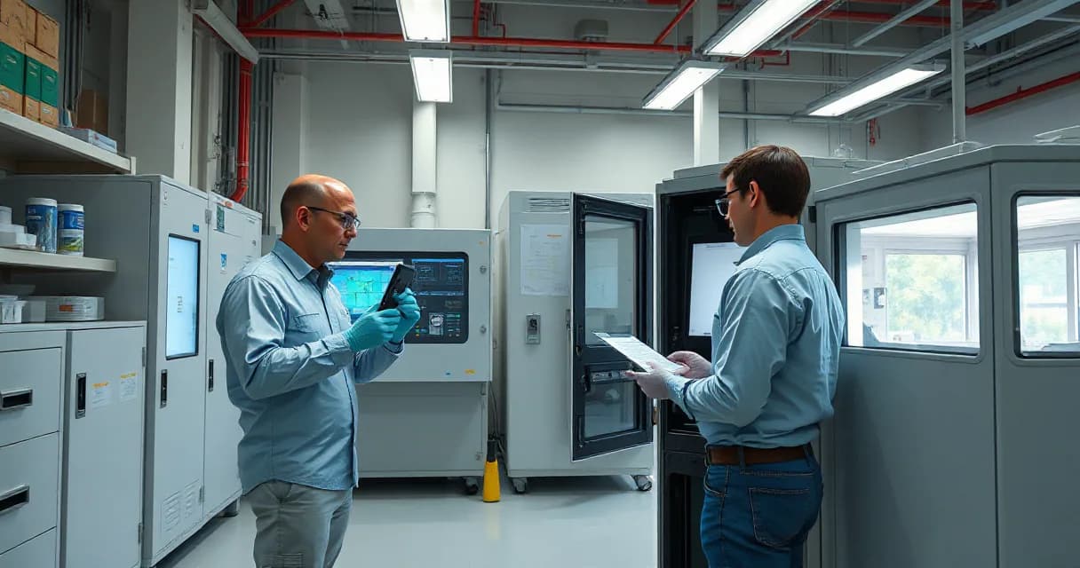 Two engineers are testing an AI accelerator card in a laboratory setting with industrial equipment around them. The scene conveys the importance of creating trustworthy, controllable, and customizable AI systems.