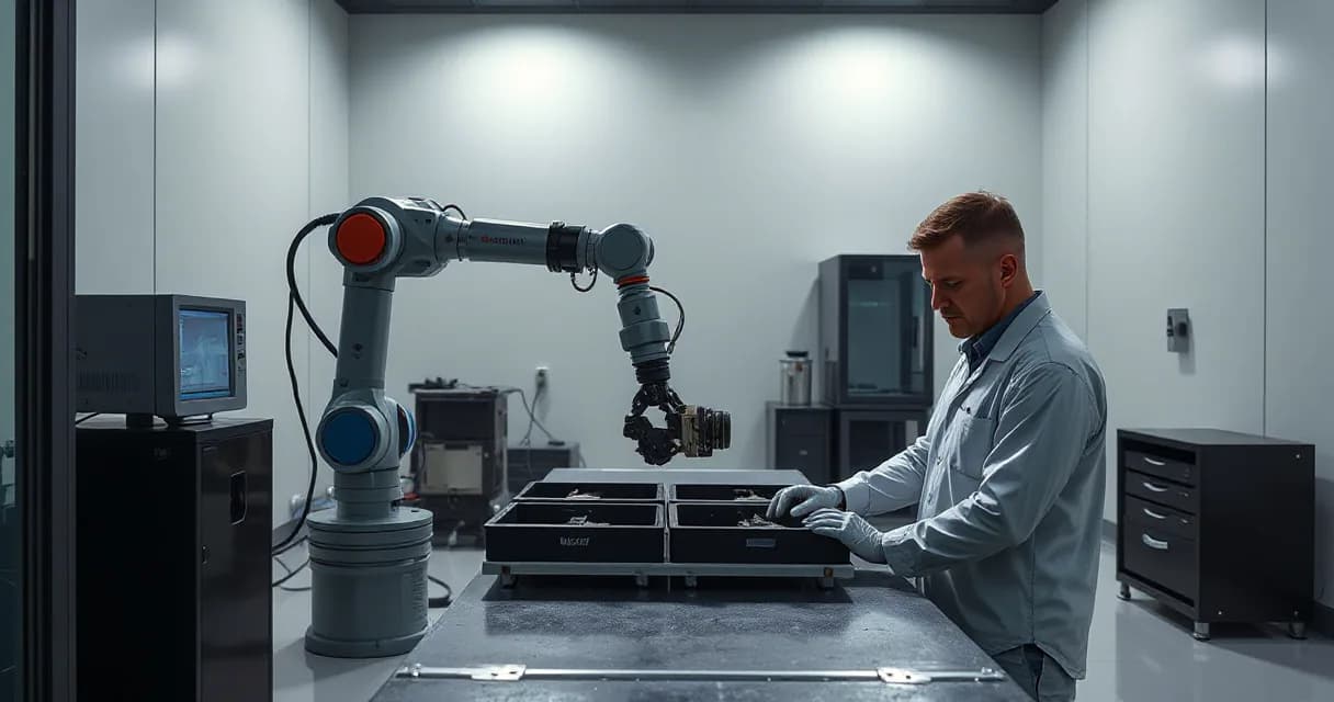 A technician in a lab coat tests a camera-guided robotic arm as it sorts components into trays on a table.