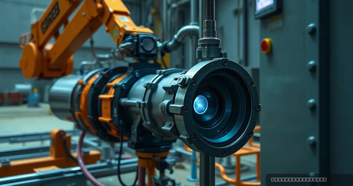 A compact technical instrument changes state at the moment a fiber connection locks into place, symbolizing the transition of technology from laboratory to real-world application. Set against an active precision facility construction site where mechanical service arms connect cooling pipes while a c