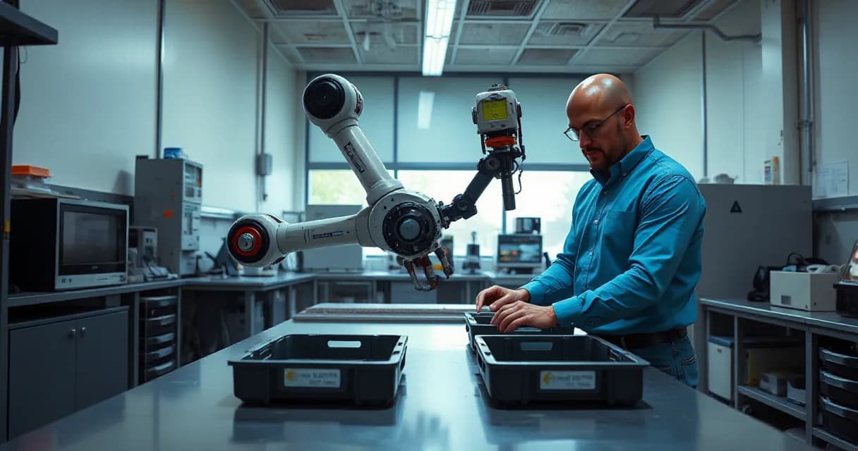 A robotic arm sorts two real components into separate trays under supervision of a technician testing its camera-guided grip inside a robotics lab.