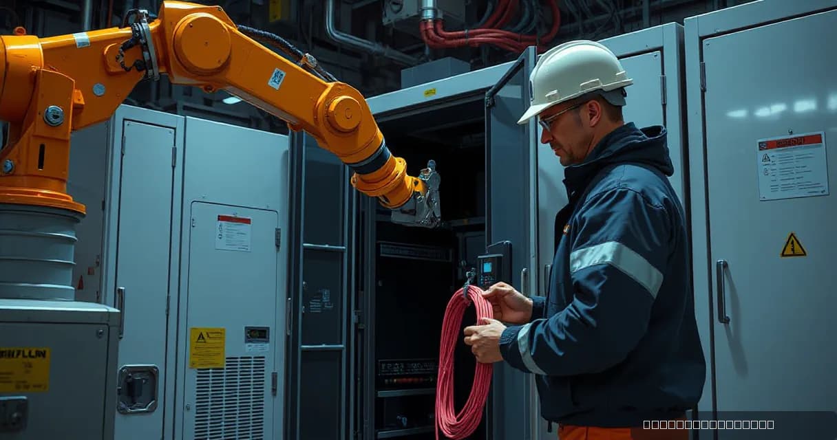 A worker in protective gear coordinates the inspection of service cabinets by mechanical arms within an industrial setting, symbolizing global production networks for AI software or technology development.
