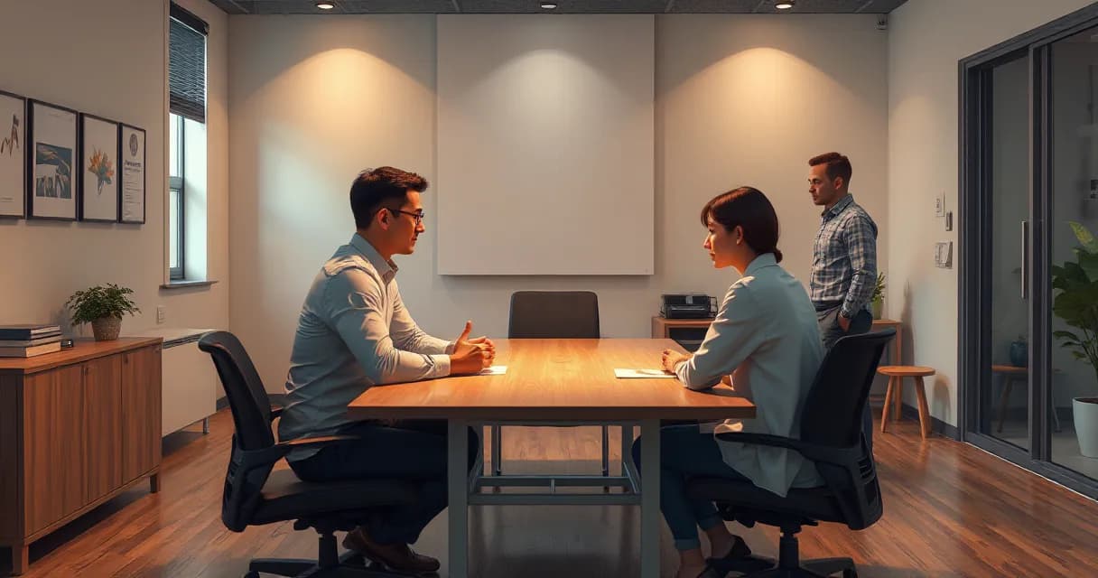 A trainee rehearses a tense meeting across a table while a workplace coach observes and prepares the next scenario in an office training room with late-afternoon light casting warm tones on the scene.