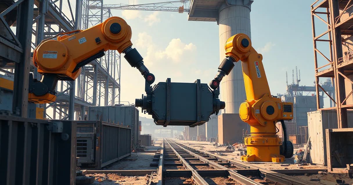Two mechanical service arms connect a broad matte at an active precision facility construction site. The scene symbolizes energy-efficient infrastructure development for artificial intelligence, with industrial light and realistic scale.
