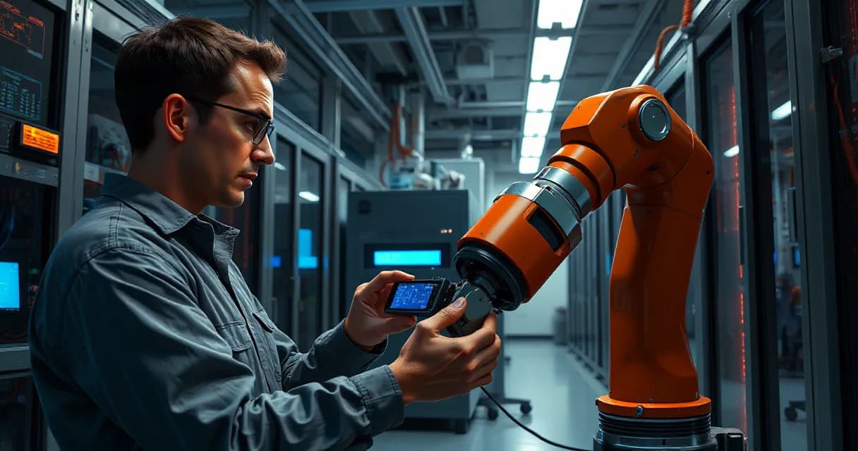 An engineer installs an accelerator card while a technician tests it on a robotic arm within a modern AI laboratory filled with servers and industrial equipment.