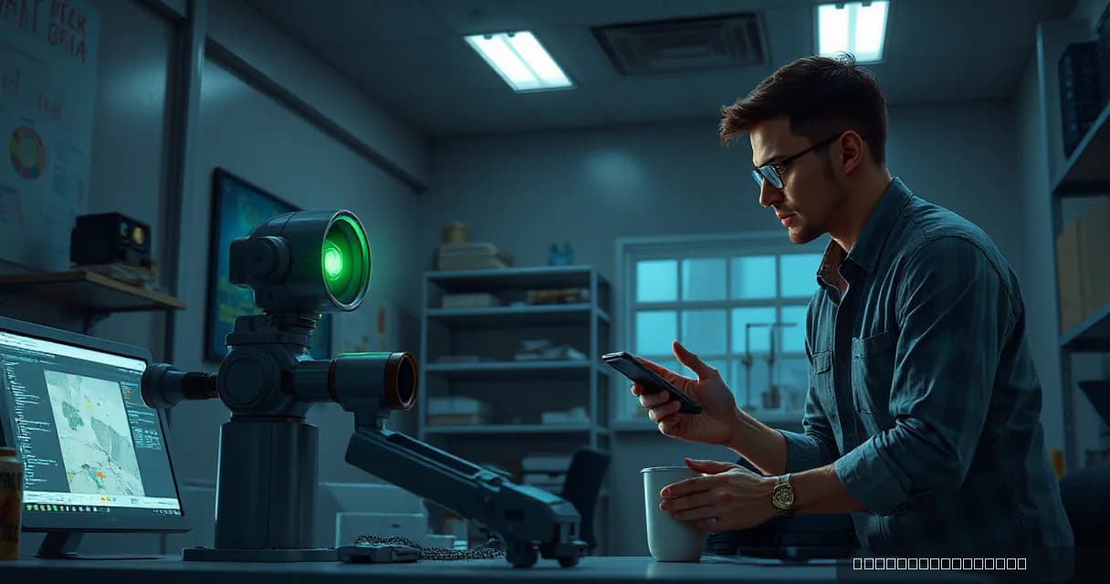 A man in a plaid shirt is focused on his smartphone, holding a coffee cup. In front of him, an advanced robotic arm with a green-lit sensor is positioned near a computer monitor displaying a map and data. The scene takes place in a dimly lit room filled with shelves and equipment, symbolizing the in