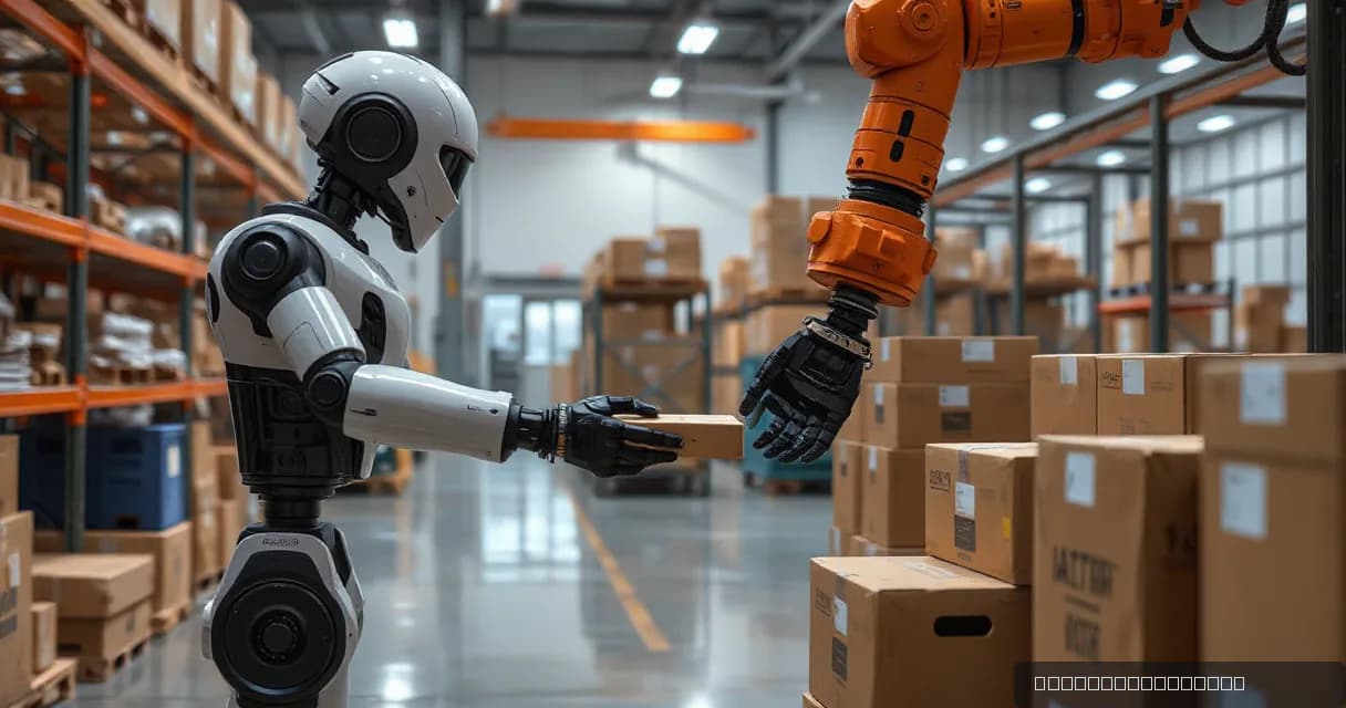 An autonomous warehouse robot interacts with a mechanical arm in a working warehouse setting, symbolizing precision and efficiency in industrial processes.