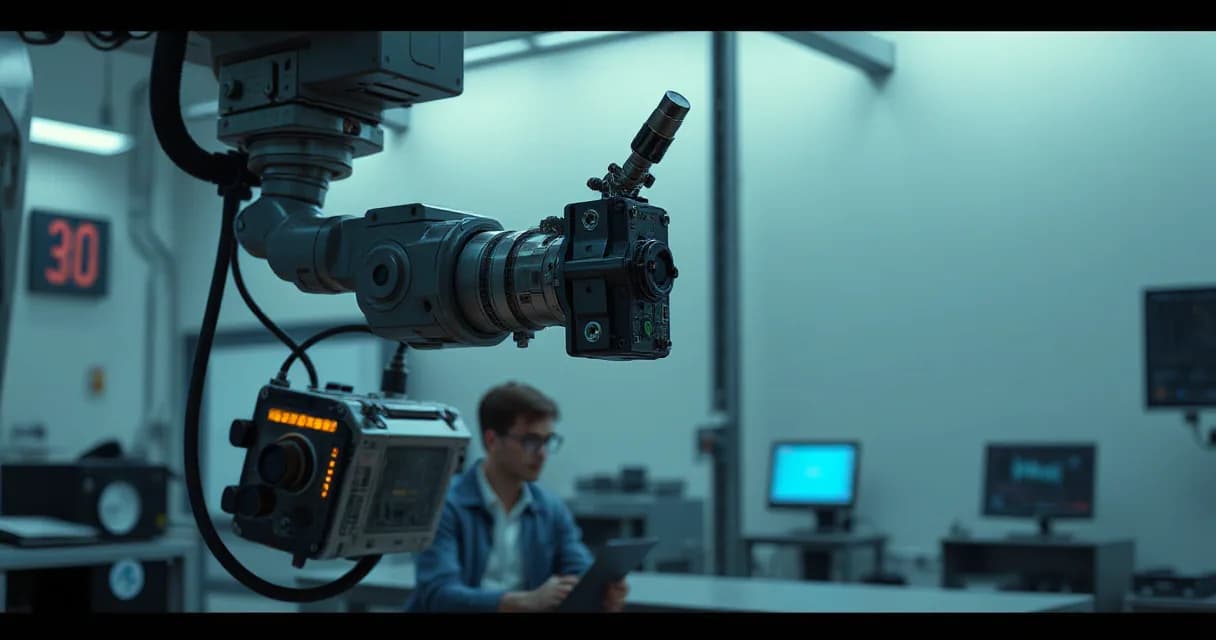 A precise robotic arm aligns a small engineered component in a clean fabrication bay within an AI laboratory setting, symbolizing the precision required for artificial intelligence model calibration.