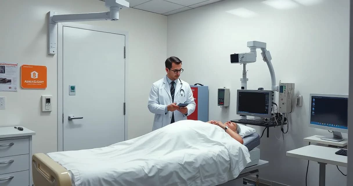 A doctor in a white coat reviews patient data while a technician calibrates diagnostic equipment beside an examination bed, set within a clinical environment with minimal text or logos.