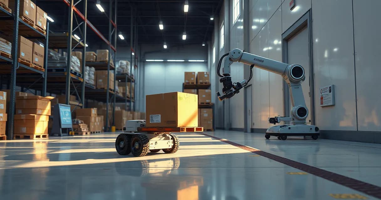 A mobile warehouse robot collects and delivers an unmarked parcel in a well-lit warehouse setting while being observed by a mechanical service arm.