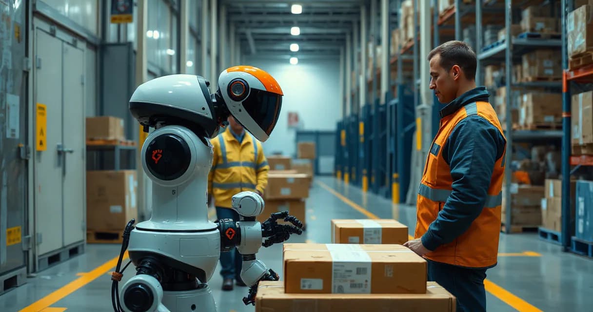 A robot sorts parcels under supervision by an operations technician in a modern warehouse setting, symbolizing the integration of artificial intelligence in industrial automation.