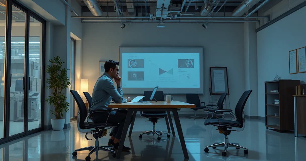 A man sits at a table in a modern office space, practicing a tense meeting scenario with a virtual avatar projected onto a screen. The environment is minimalistic and industrial, emphasizing the use of AI technology for corporate training.