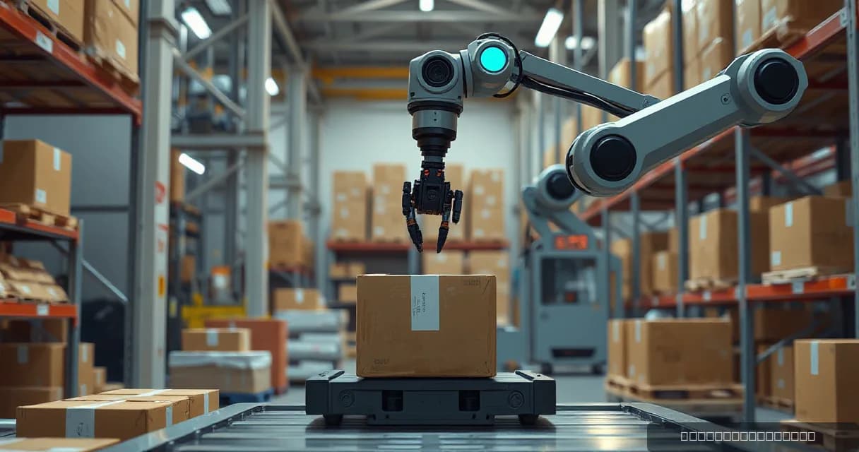 A robotic arm precisely calibrates a small component in an industrial setting, symbolizing automated precision in AI-driven processes within a warehouse environment.