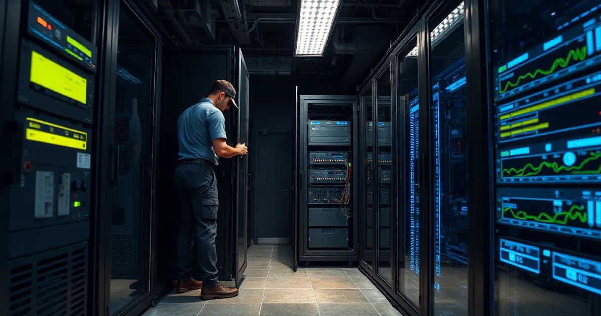 An incident responder is repairing an opened server cabinet in a dimly lit data center security room as a technician disconnects one compromised cable from a protected server rack.