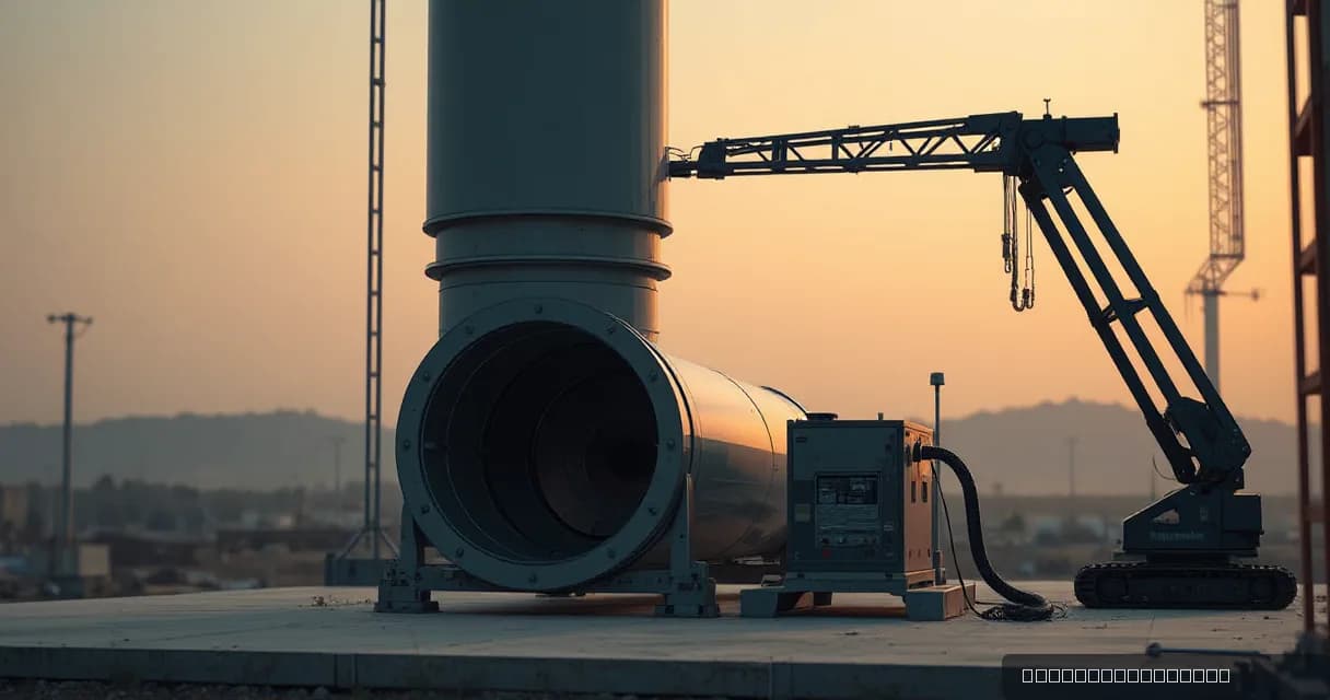 At an active precision facility construction site, two mechanical service arms guide a large smooth cooling duct into place while a site calibration mechanism checks the physical handoff. The scene is captured in a cinematic style with late-afternoon light and a warm-cool split, using a compressed s