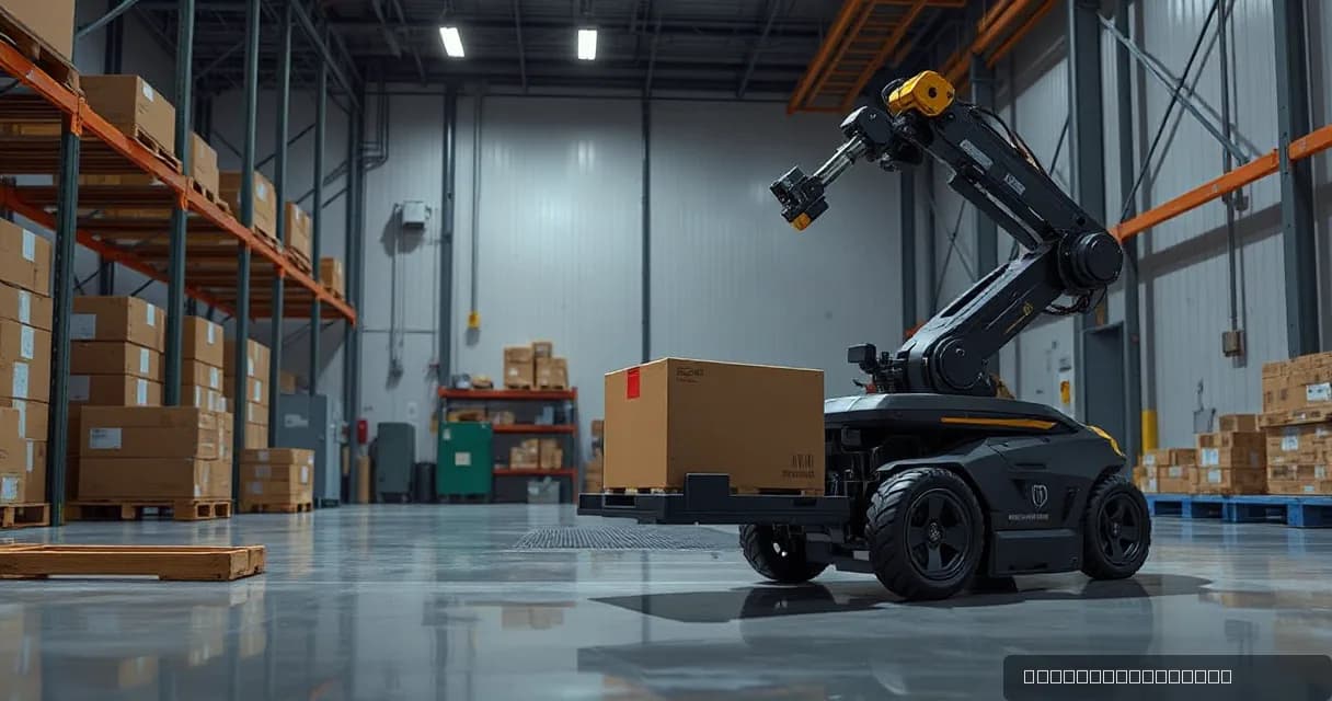 A mobile warehouse robot with a mechanical service arm is shown performing tasks in a warehouse setting. The robot is precisely aligning a box, symbolizing the precision of AI systems in business operations.