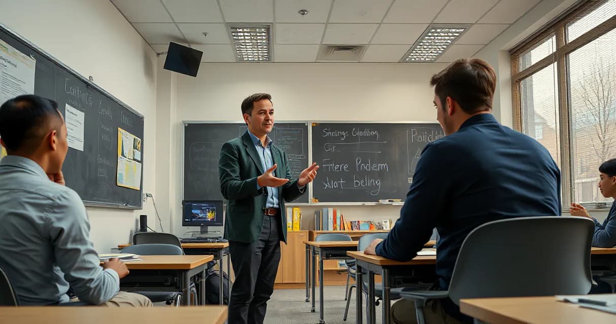 A teacher stands at the front of a classroom, gesturing towards adult trainees seated around desks, while an assistant observes from behind. Blackboards in the background display educational content, and natural light streams through large windows, creating a calm learning atmosphere.