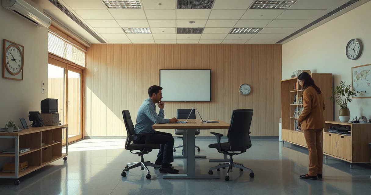 In a quiet office training room, an anonymous trainee rehearses a tense meeting across a table while a workplace coach observes and prepares for the next scenario.