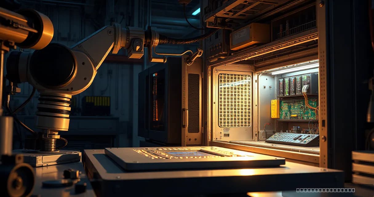 A mechanical service arm installs an accelerator card into a relay cabinet in a precision facility laboratory, symbolizing rapid AI technology development.