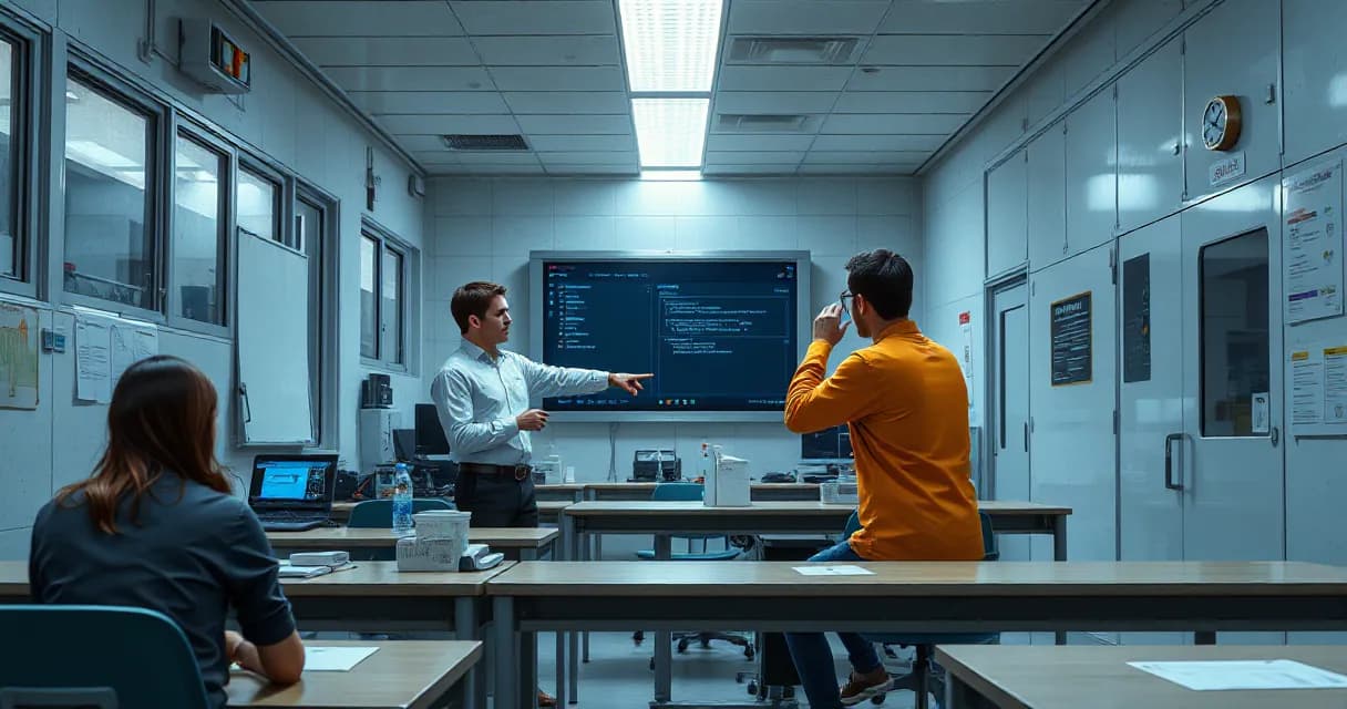 A classroom setting where an instructor points at a large screen displaying code while explaining something to trainees seated around desks.