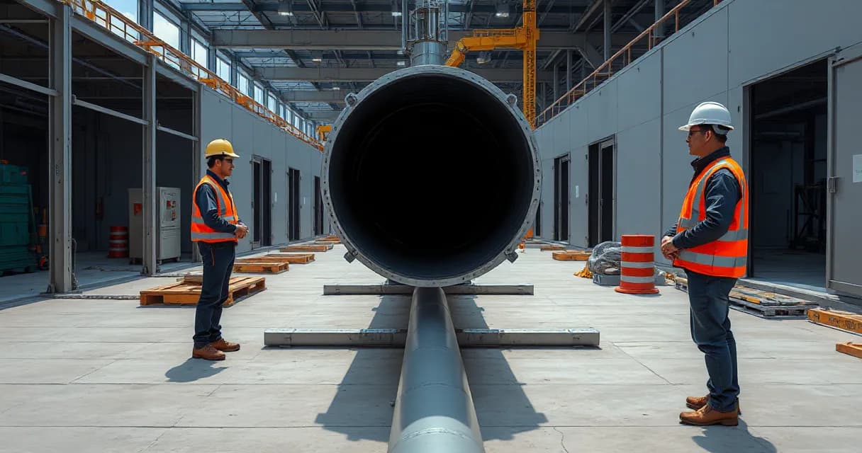 Two technicians wearing safety vests stand beside a large cooling pipe at an active data center construction site under natural daylight.